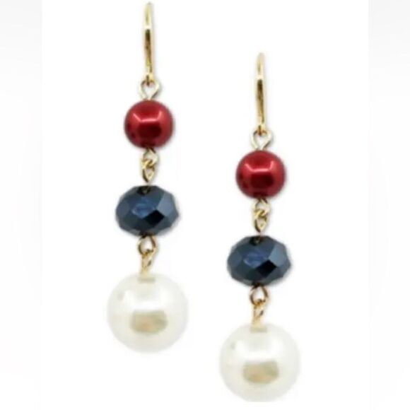 Charter Club Gold-Tone Bead Imitation Pearl Multicolor Red White Blue Earrings - Picture 1 of 3